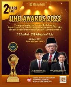 Penyerahan penghargaan UHC dari Wakil Presiden Republik Indonesia prof.Dr.(H.C) K.H. Ma’ruf Amin dan menteri koordinator pembangunan manusia dan kebudayaan Indonesia prof. Dr. Muhadjir Effendy.M.A.P dan Direktur Utama BPJS Kesehatan Prof.Dr. Ali Ghufron Mukti, M.Sc.Ph.D